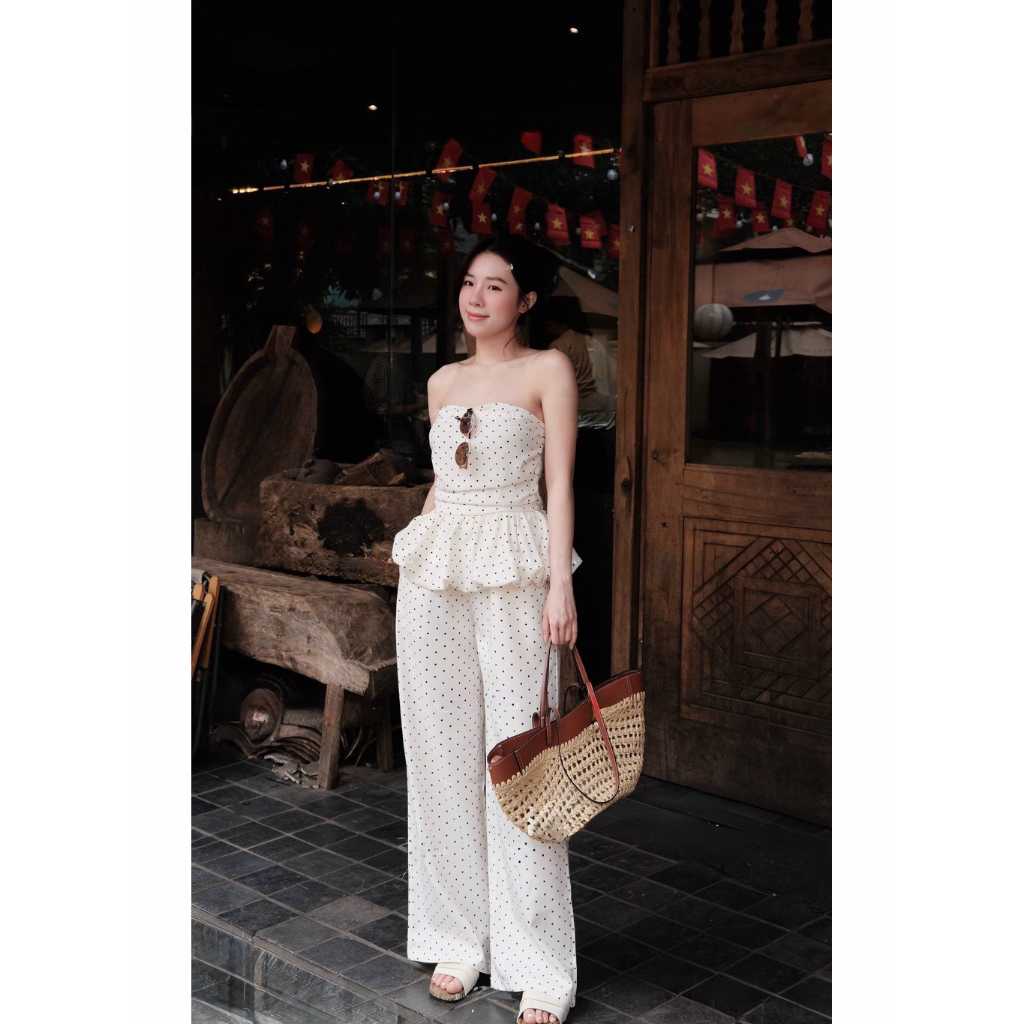 ( CR003 ) SET JUMPSUIT ỐNG RỘNG CHẤM BI CÚP NGỰC BÈO EO NỮ CAO CẤP