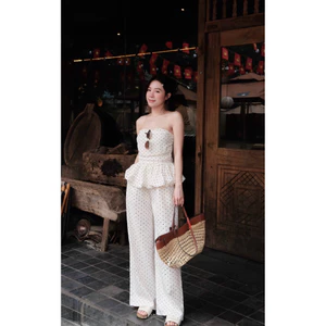 SET JUMPSUIT ỐNG RỘNG CHẤM BI CÚP NGỰC BÈO EO NỮ CAO CẤP