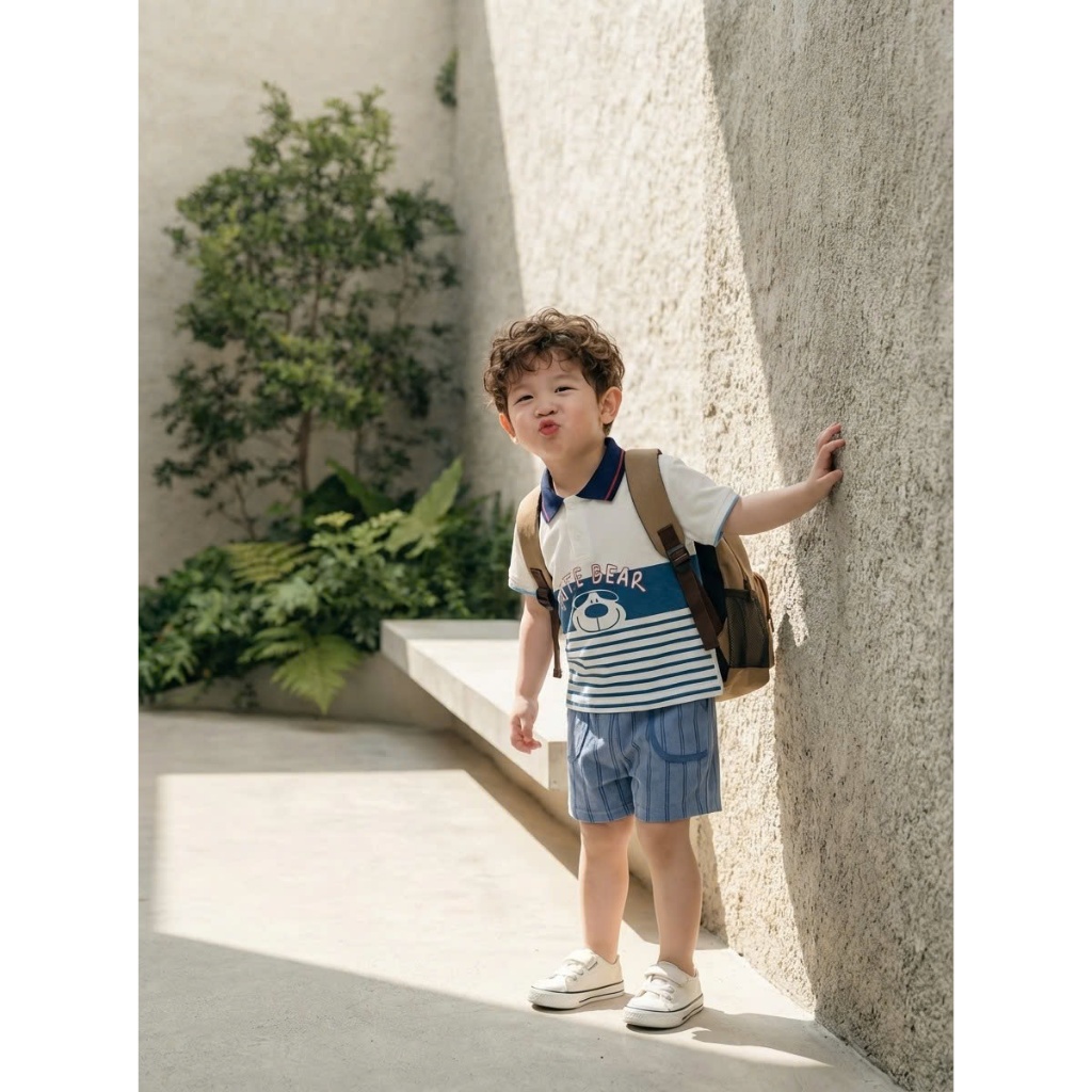 Set bộ polo cộc tay bé trai Miniumbaby hình gấu mix chữ dễ thương, chất vải áo cotton mềm mịn SB2598