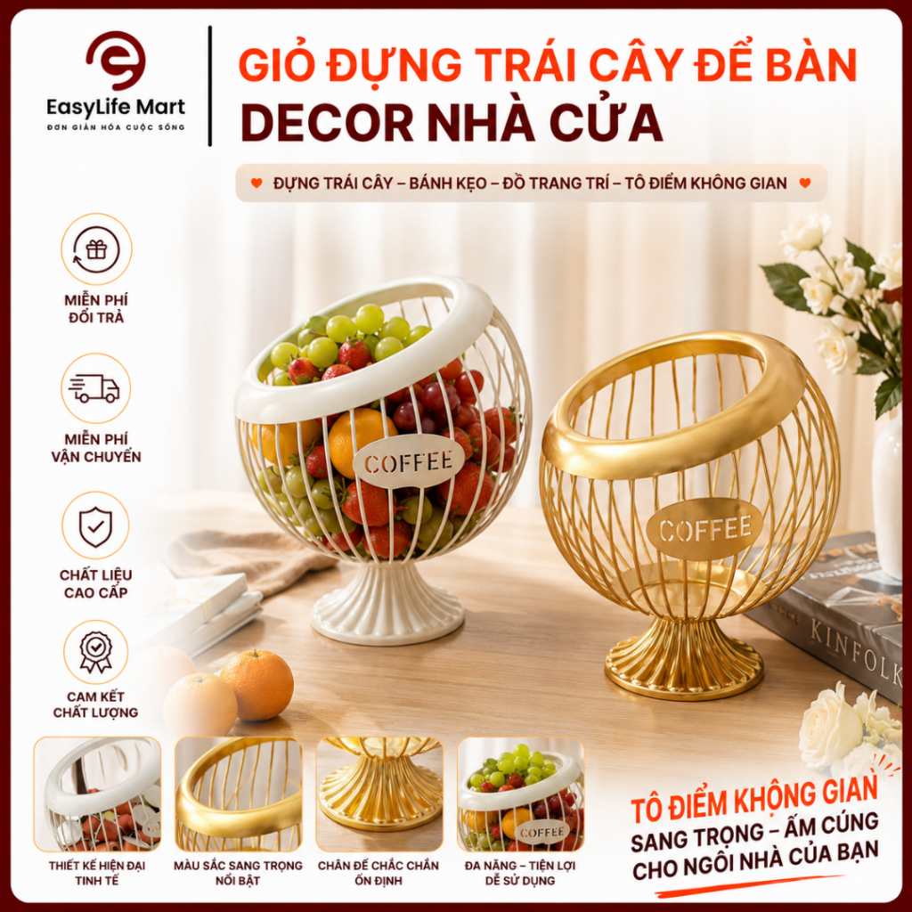 Giỏ Đựng Trái Cây Bằng Sắt Rèn Phong Cách Bắc Âu, Sang Trọng và Bền Bỉ