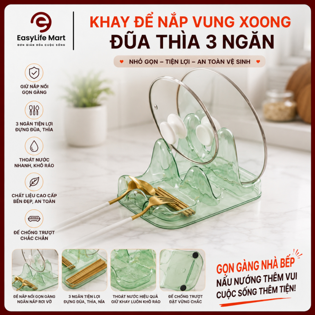 Khay để nắp xoong nồi 3 ngăn thiết kế thông minh, chống trượt và gác thìa đũa gọn gàng.