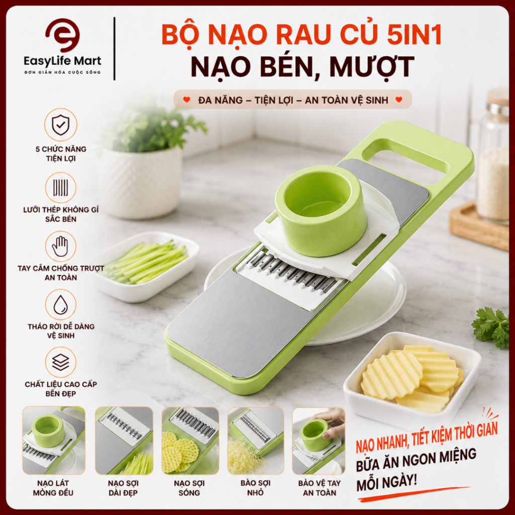 Nạo Rau Củ, Bộ Nạo Rau Củ Quả Đa Năng Tích Hợp 5 Lưỡi Nạo Bảo Vệ Tay Cầm Tiện Lợi