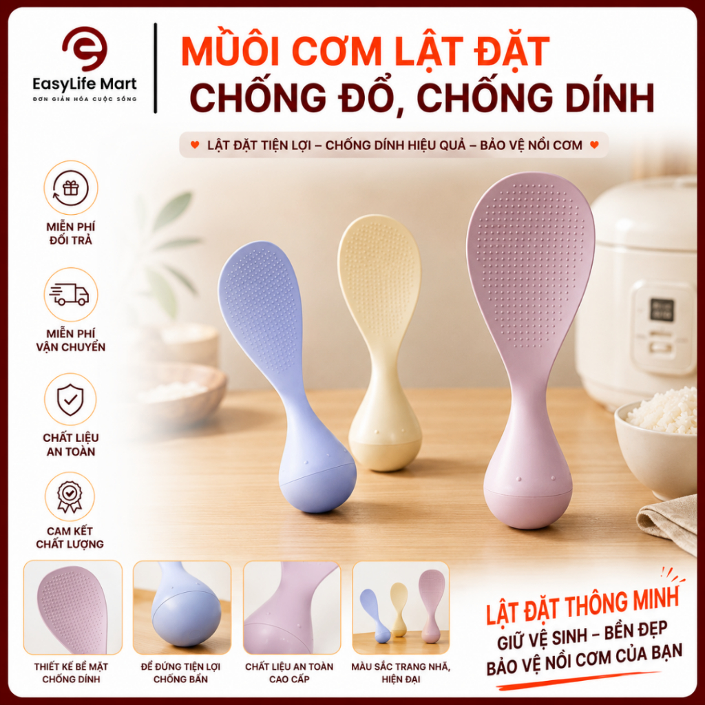 Muôi Cơm Lật Đật, Thìa Xới Cơm Tự Đứng, Muỗng Bới Cơm Chống Dính, Không Bị Đổ