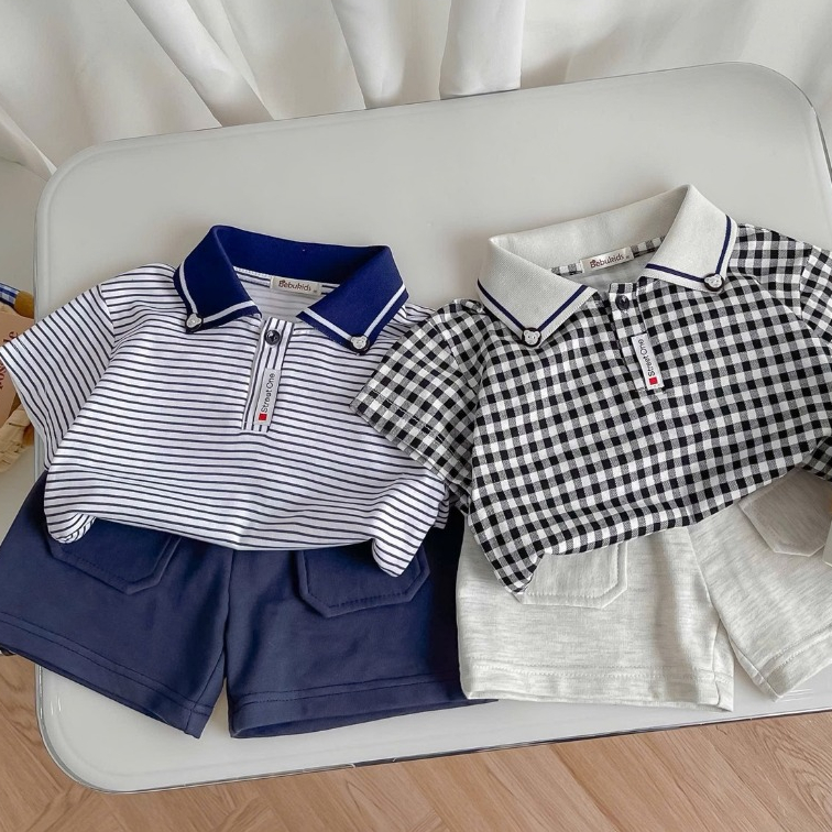 Set bộ polo cộc tay bé trai hình cún kẻ ngang Miniumbaby, chất cotton mềm mặc đi chơi đi học SB2610