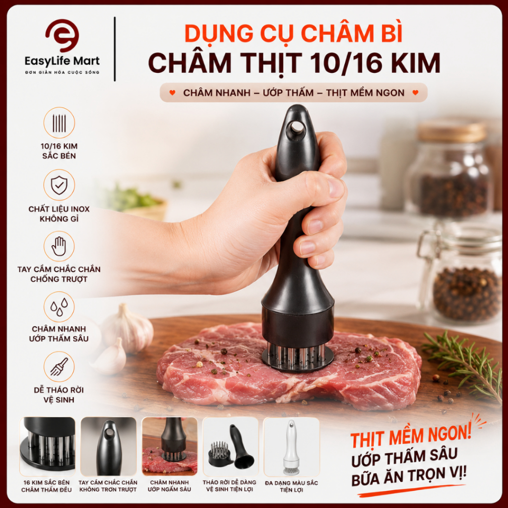 Dụng Cụ Châm Thịt Lợn 10/16 Kim Làm Mềm Thịt Nhanh, Hỗ Trợ Chế Biến Trong Nhà Bếp