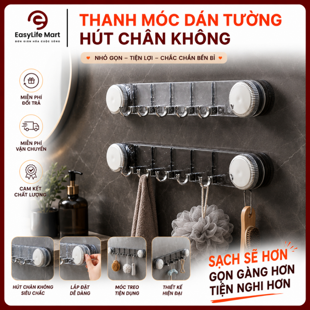 Thanh Móc Treo Đồ Dán Tường Hút Chân Không, Treo Quần Áo Tiện Ích Cho Gia Đình