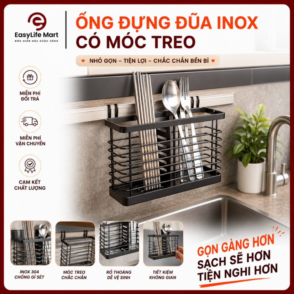 Ống Đựng Đũa Inox Cao Cấp Tiện Lợi Có Móc Treo, Chống Gỉ, Gọn Gàng Cho Mọi Bếp