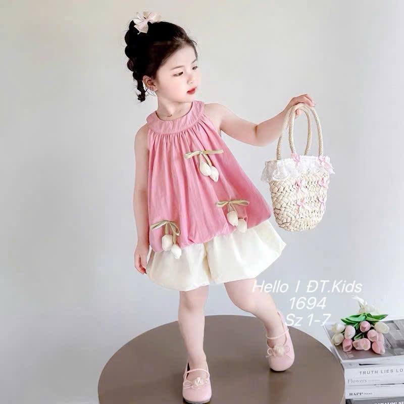 Set Áo Yếm Sát Nách Cho Bé Gái Mùa Hè Set Quần Áo Dáng Bí Cổ Yếm Dễ Thương Chất Tơ Mềm Mát BR30