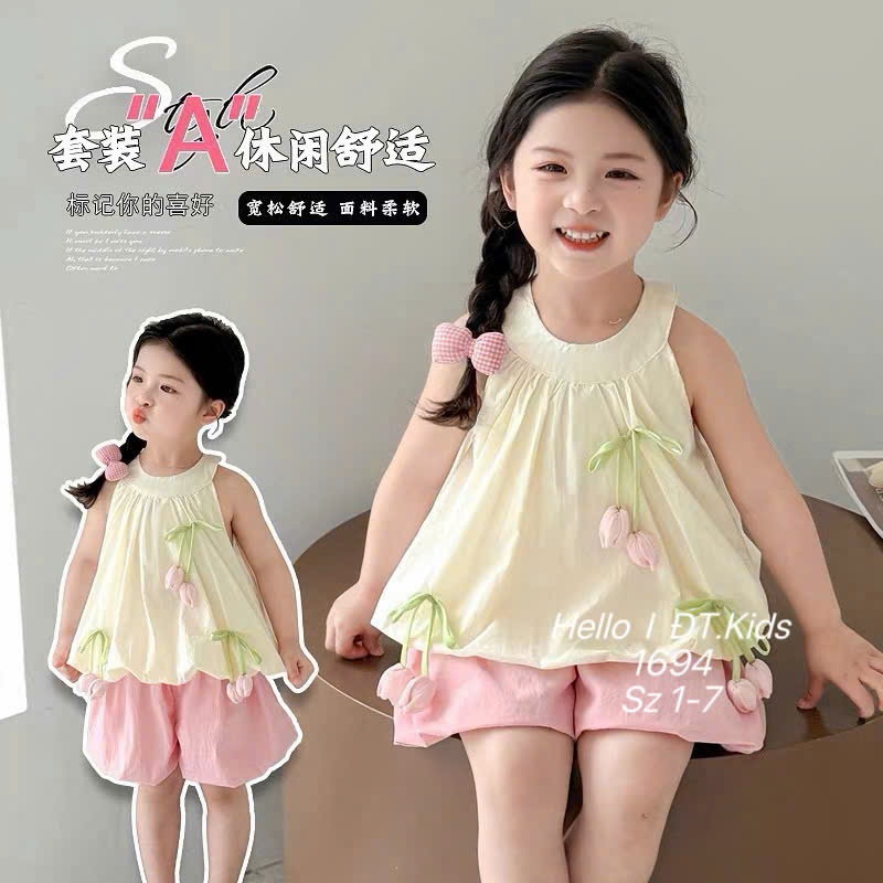 Set Áo Yếm Sát Nách Cho Bé Gái Mùa Hè Set Quần Áo Dáng Bí Cổ Yếm Dễ Thương Chất Tơ Mềm Mát BR30