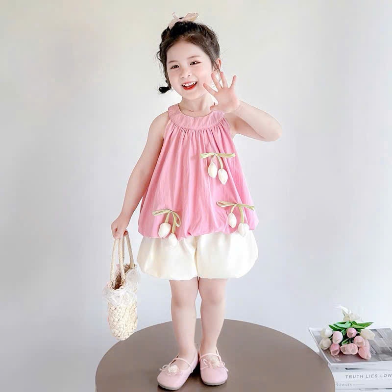 Set Áo Yếm Sát Nách Cho Bé Gái Mùa Hè Set Quần Áo Dáng Bí Cổ Yếm Dễ Thương Chất Tơ Mềm Mát BR30