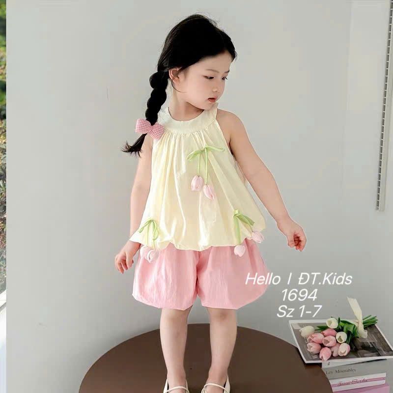 Set Áo Yếm Sát Nách Cho Bé Gái Mùa Hè Set Quần Áo Dáng Bí Cổ Yếm Dễ Thương Chất Tơ Mềm Mát BR30