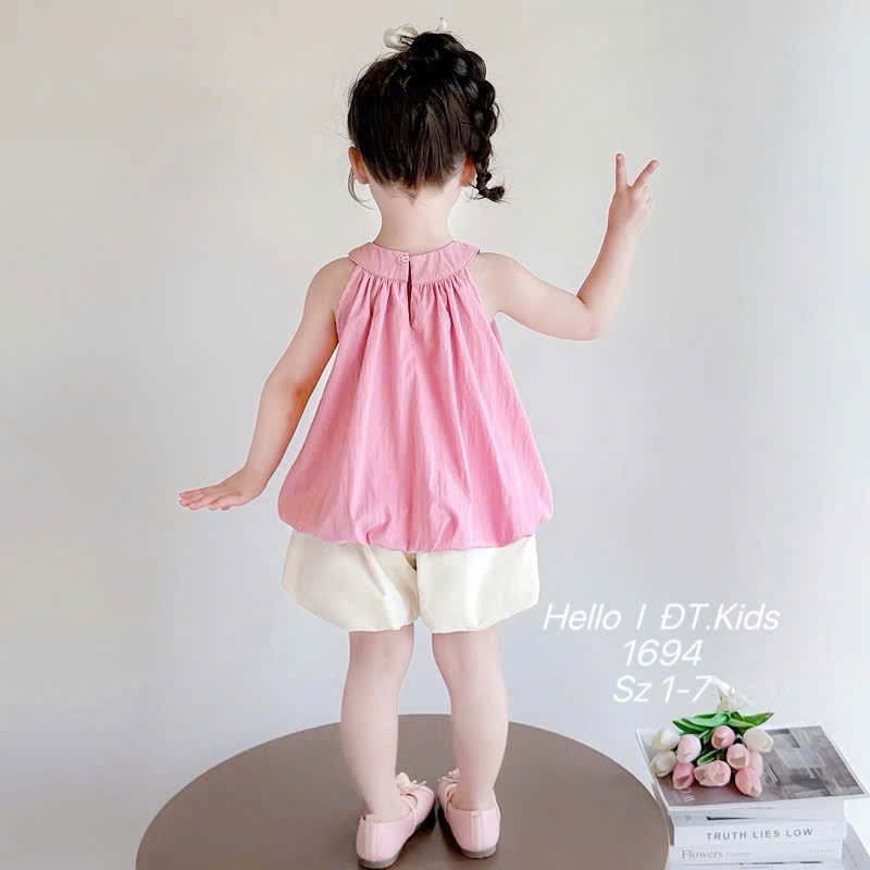 Set Áo Yếm Sát Nách Cho Bé Gái Mùa Hè Set Quần Áo Dáng Bí Cổ Yếm Dễ Thương Chất Tơ Mềm Mát BR30