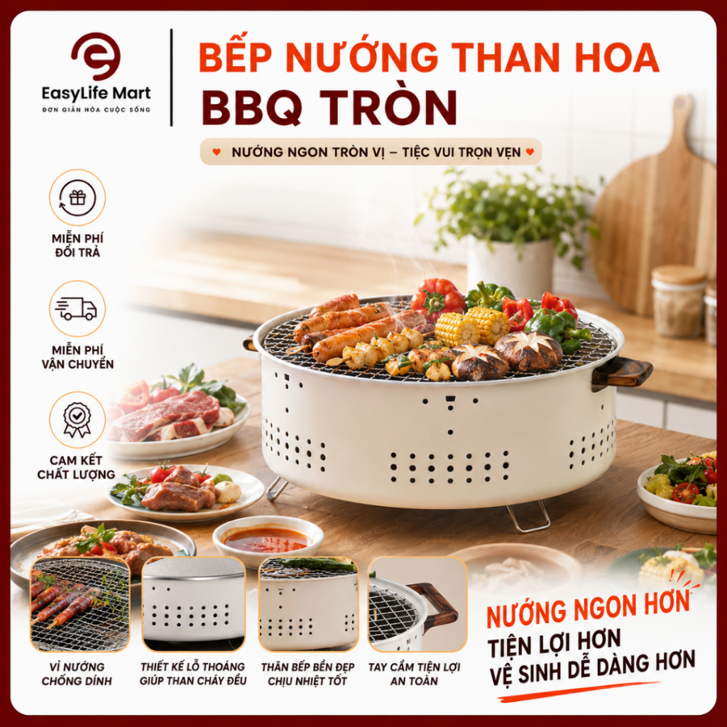 Bếp Nướng Than Hoa BBQ Tròn Hàn Quốc Không Khói, Cách Nhiệt Cao Cấp Dùng Gia Đình