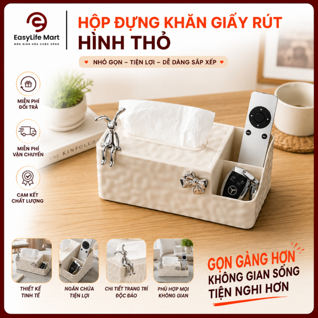 Hộp đựng khăn giấy rút hình thỏ kiểu dáng đẹp, tiện lợi nhờ ngăn chứa đồ, thích hợp cho decor nhà ở