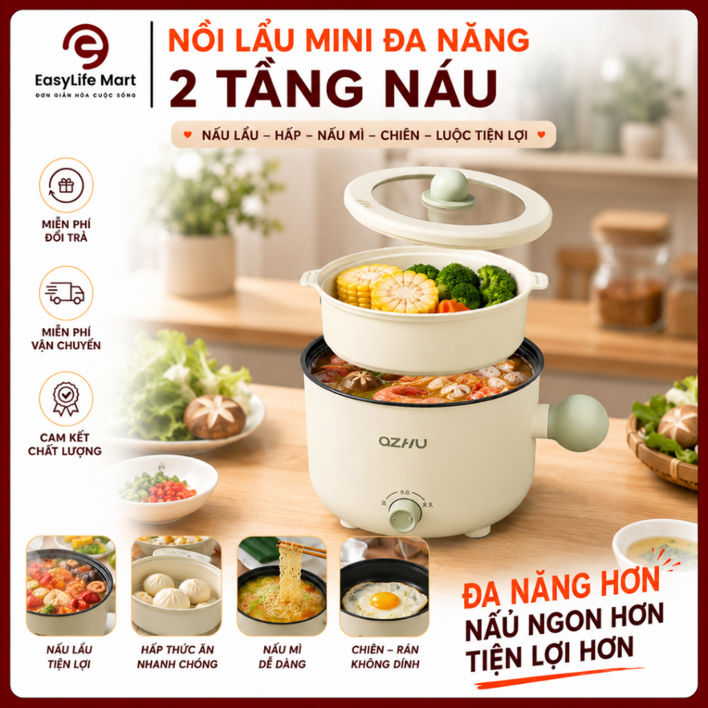Nồi Lẩu Mini Đa Năng 2 Tầng Nấu, Hấp, Lẩu Tiện Dụng Cho Gia Đình
