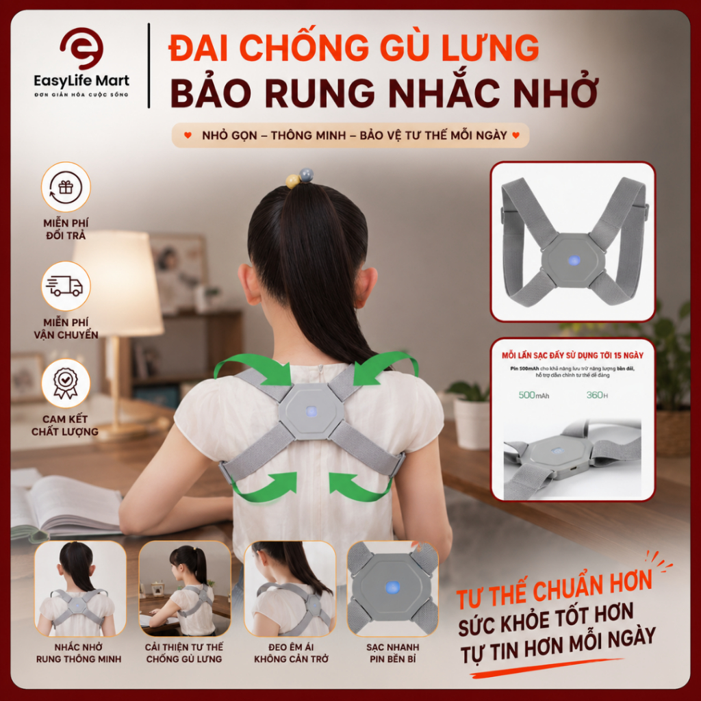 Đai Chống Gù Lưng Báo Rung Cảm Biến 3 Chiều Nhắc Nhở Sửa Tư Thế Thông Minh