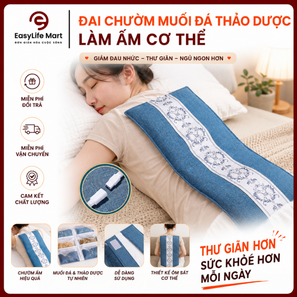 Đai chườm muối đá và thảo dược tự nhiên, giúp làm ấm, tăng cảm giác thư thái và hỗ trợ giảm đau nhức