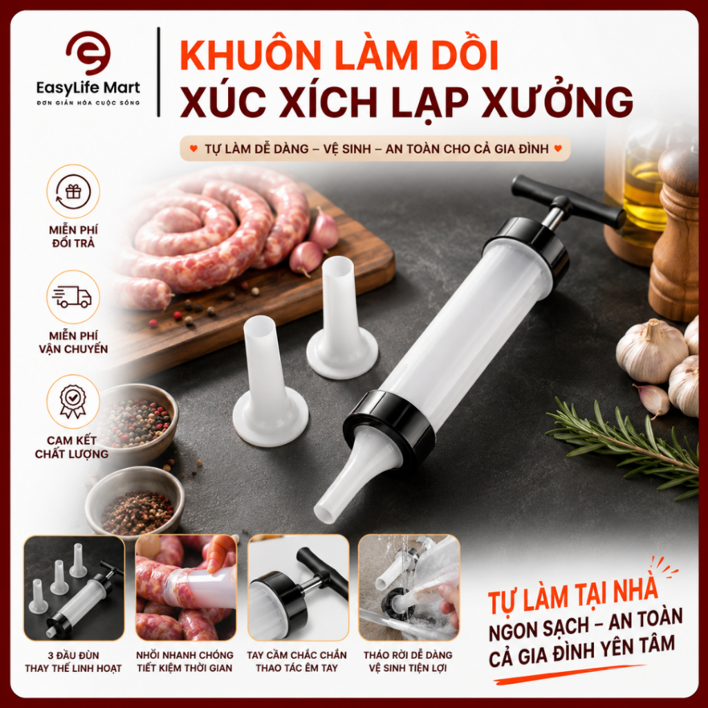 Dụng Cụ Làm Dồi, Lạp Xưởng, Xúc Xích Thủ Công - Dụng Cụ Nhồi Xúc Xích Siêu Tốc Cán Inox Chắc Chắn, Dễ Sử Dụng