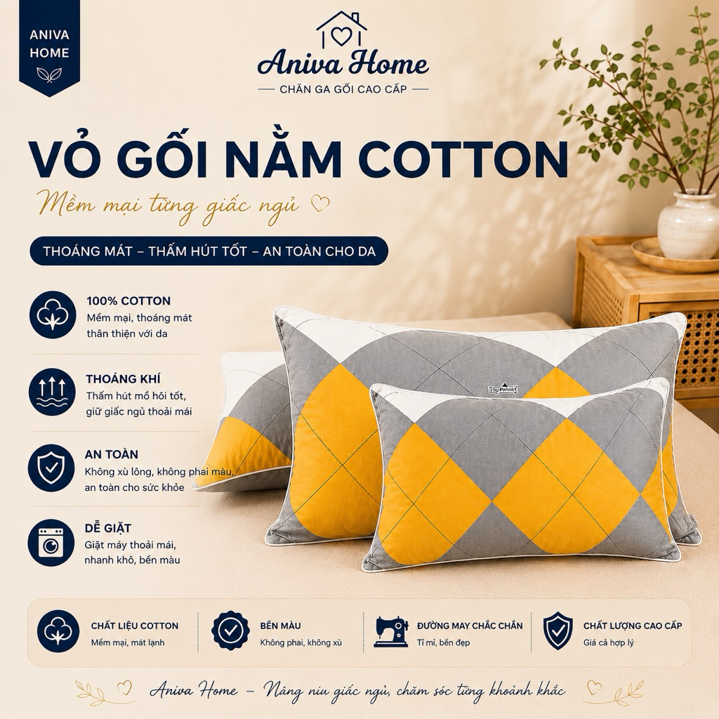 Áo gối nằm cotton Thắng Lợi Aniva Home, mềm mại, thoáng mát, bền đẹp