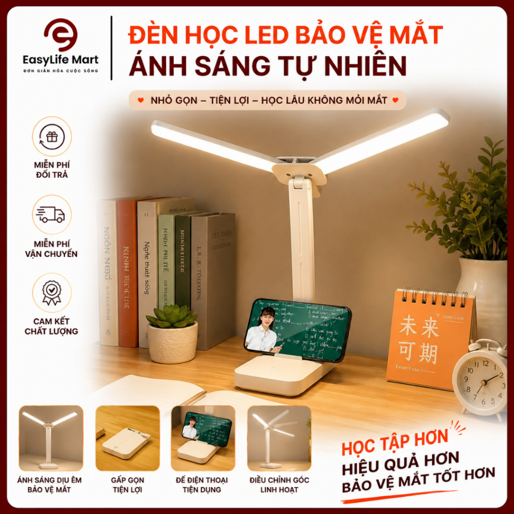 Đèn LED Bàn Học Thông Minh Bảo Vệ Mắt, Ánh Sáng Tự Nhiên, Chống Nhấp Nháy