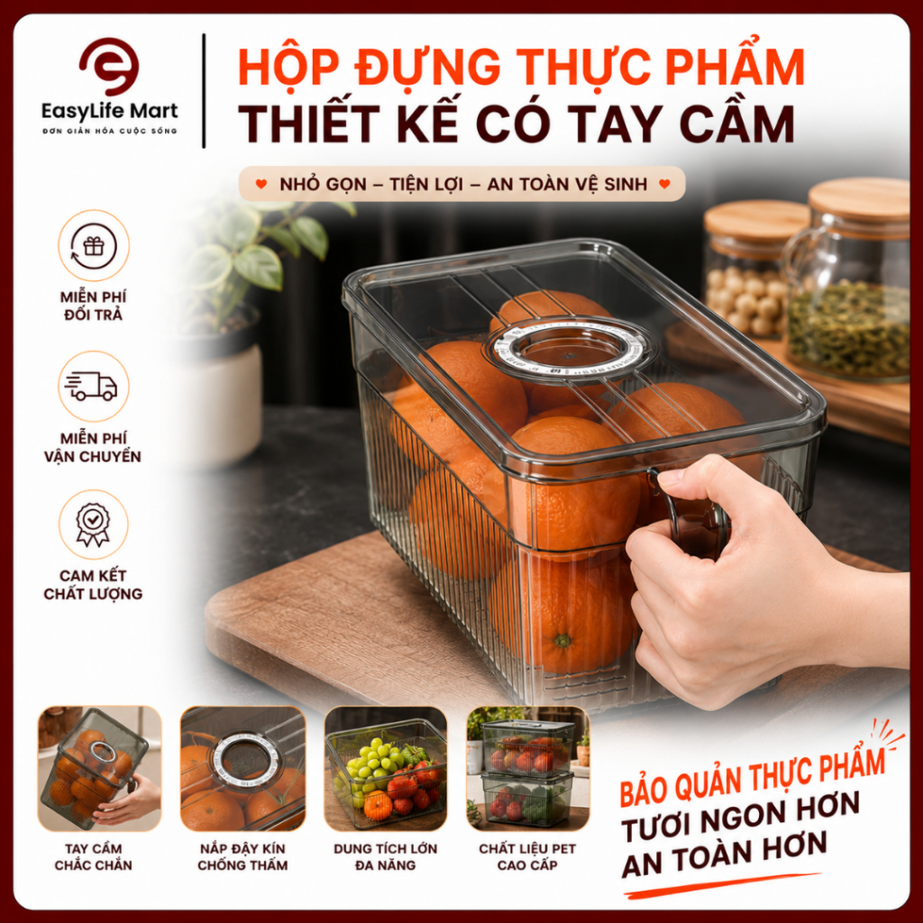 Hộp nhựa bảo quản thực phẩm cho tủ lạnh chất liệu cao cấp, có tay cầm tiện dụng.