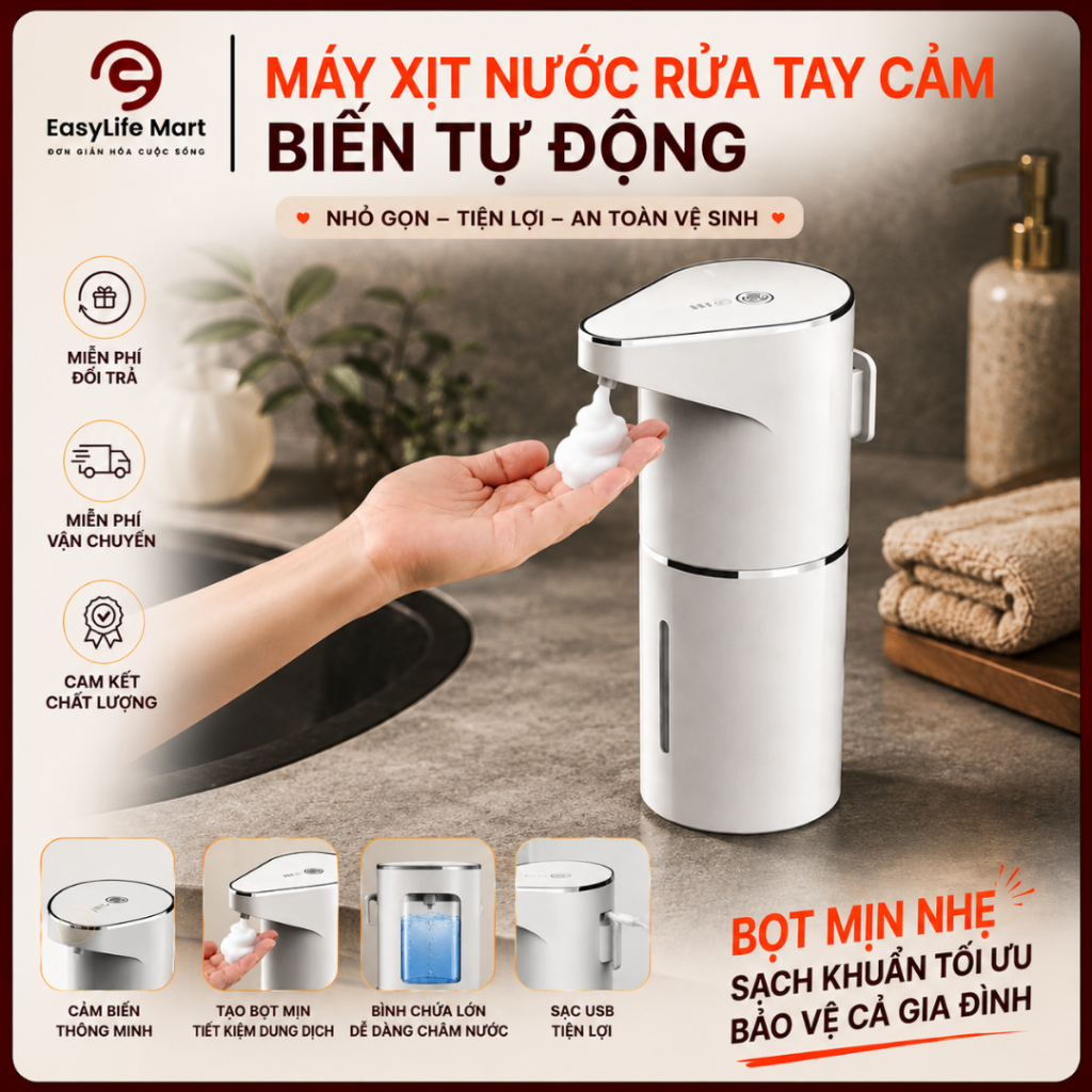 [Mới] Máy Xịt Nước Rửa Tay Tự Động 350ml Cảm Biến Thông Minh Pin Sạc 1200mAh Tạo Bọt Tiết Kiệm Dung Dịch