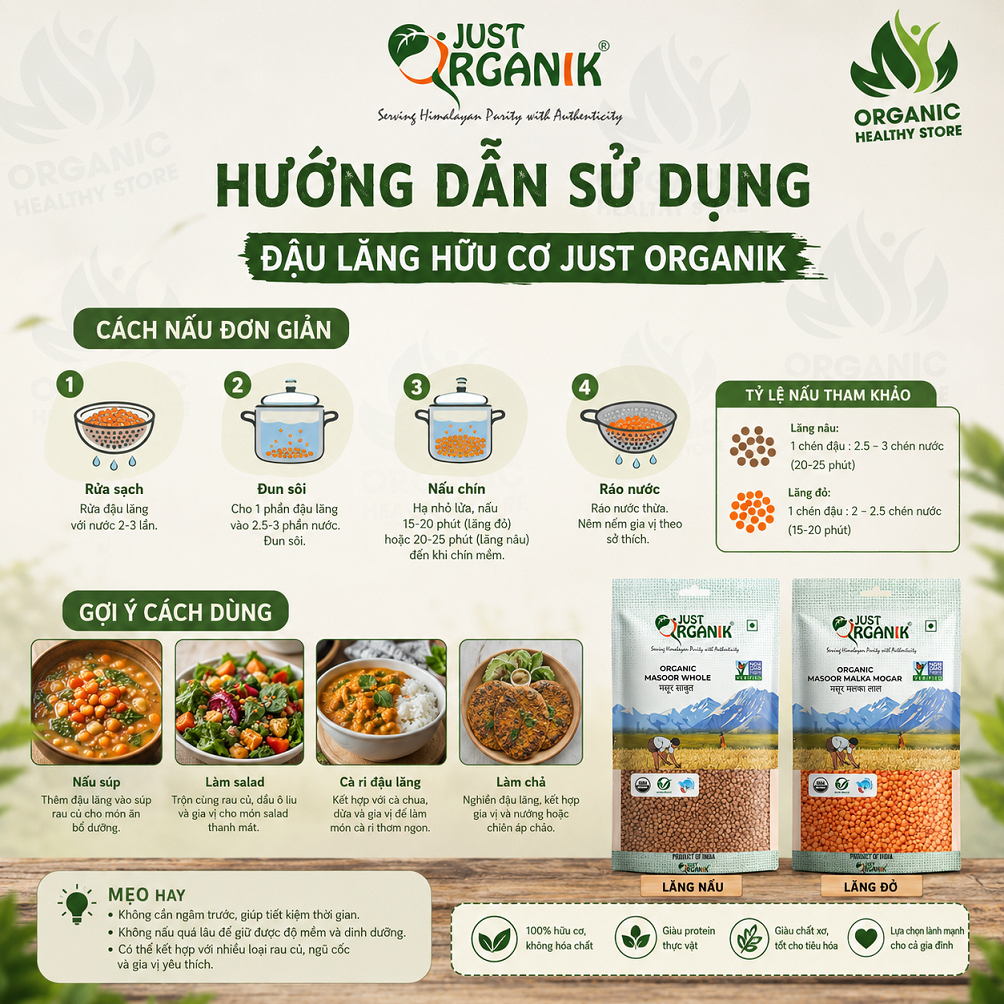 Đậu Lăng Hữu Cơ Just Organik Lentils nhập khẩu Ấn Độ gói 500g