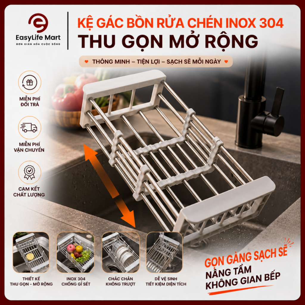 Kệ Gác Bồn Rửa Chén Bát Inox 304 Thu Gọn Mở Rộng Đựng Đồ Đa Năng, Di Động, Ráo Nước Tiện Lợi