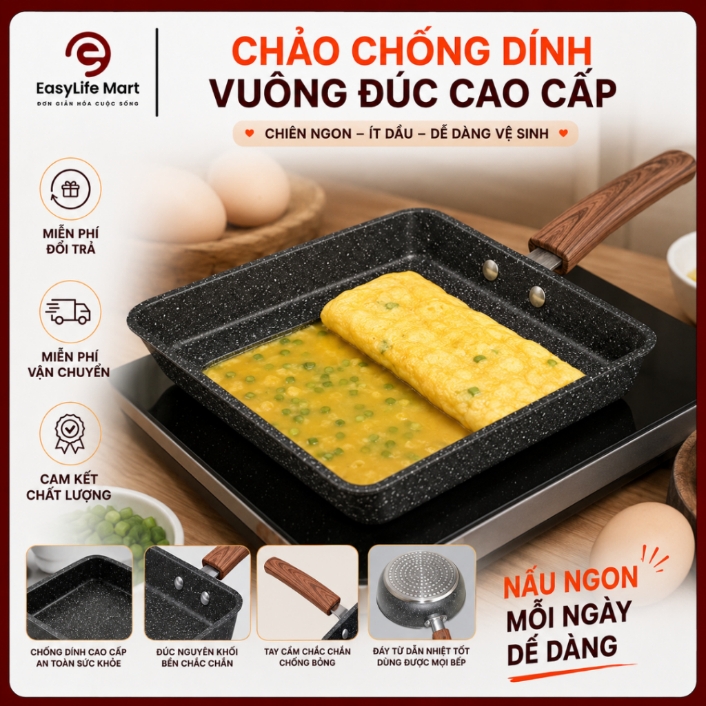Chảo chống dính dạng chữ nhật chuyên dùng làm trứng cuộn, phù hợp với nhiều loại bếp và rất tiện lợi