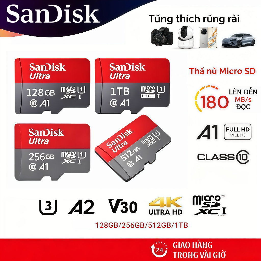 SanDisk Thẻ nhớ MicroSD Ultra A1 Class 10 Tốc độ đọc 150MB/s 128GB/256GB/512GB/1TB bảo hành 5 năm