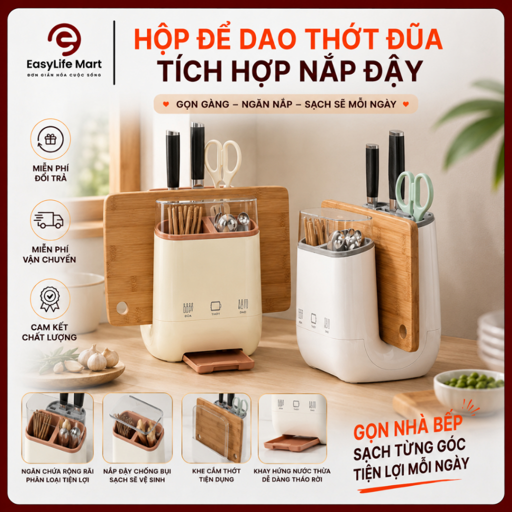 Kệ Đựng Dao Thớt Chữ U Có Nắp Chống Bụi, Thoát Nước Tối Ưu Cho Nhà Bếp