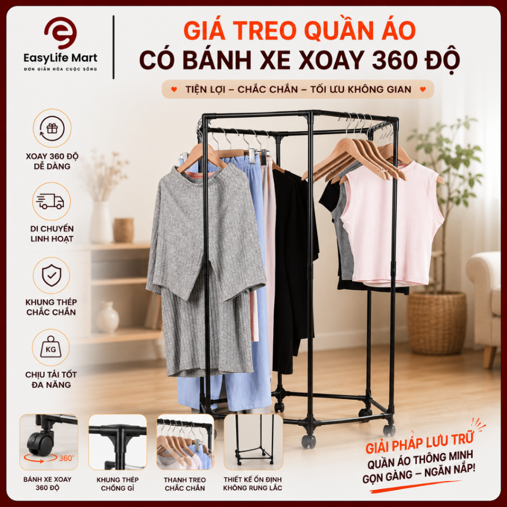 Giá Treo Quần Áo Xoay Tròn 360° Có Bánh Xe Cây Phơi Đồ Đa Năng Chịu Lực Cao