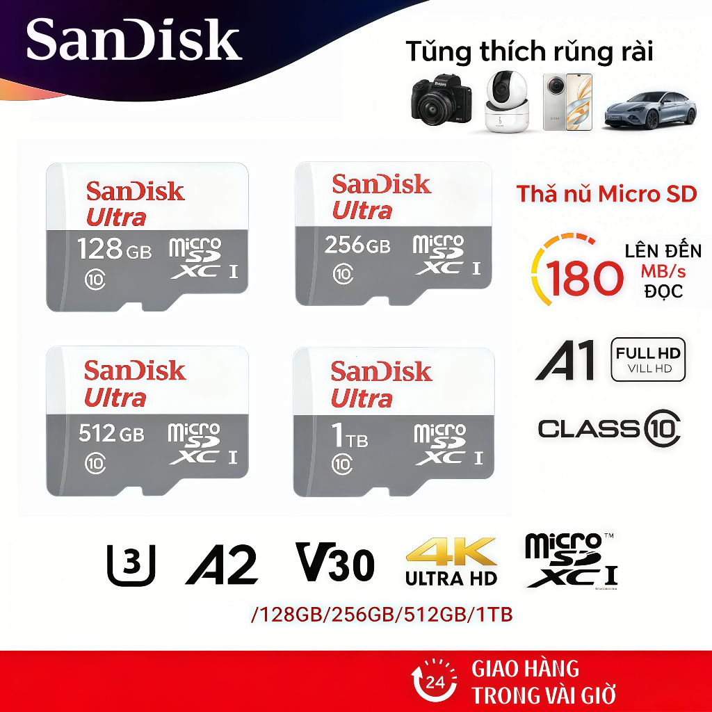 SanDisk Thẻ nhớ MicroSD Ultra UHS-I 128GB/256GB/512GB/1TB Bảo hành 5 năm