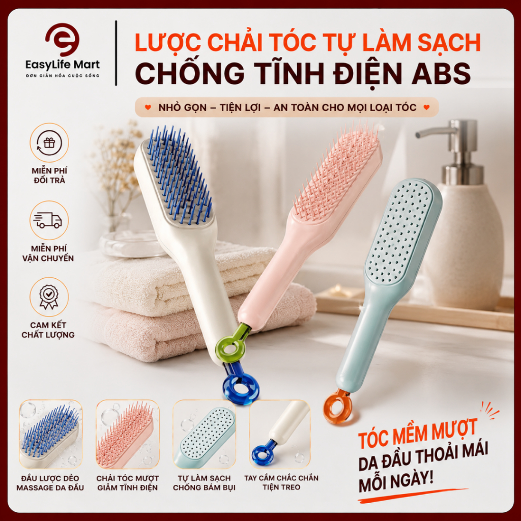 Lược Chải Tóc Tự Làm Sạch, Lược Chống Tĩnh Điện ABS Magic ,Tự Làm Sạch Lược, Mềm Mại, Siêu Tiện Lợi