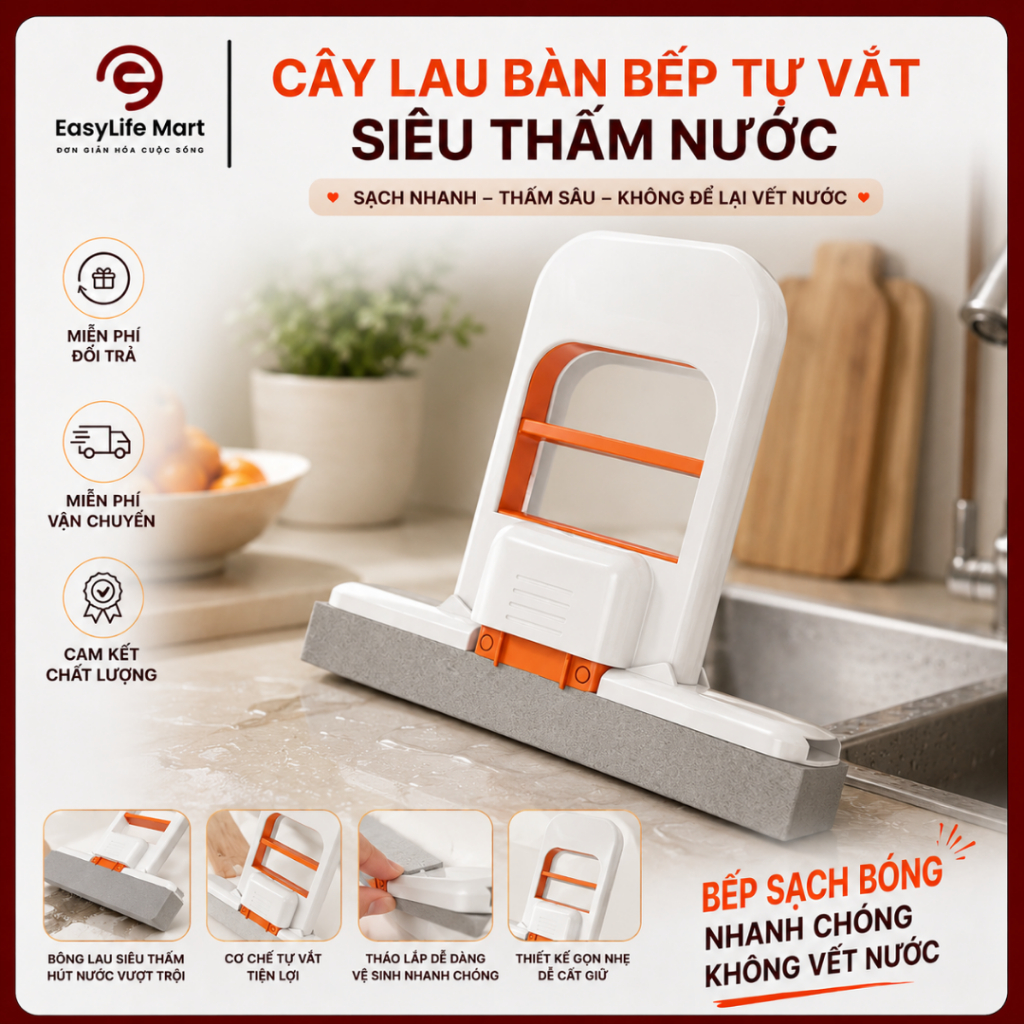 Cây Lau Bếp Mini Thông Minh Tự Vắt, Bọt Biển Siêu Thấm Mềm Mại, Cán Vuông Chống Trượt Tiện Dụng, Lau Khô Nhanh