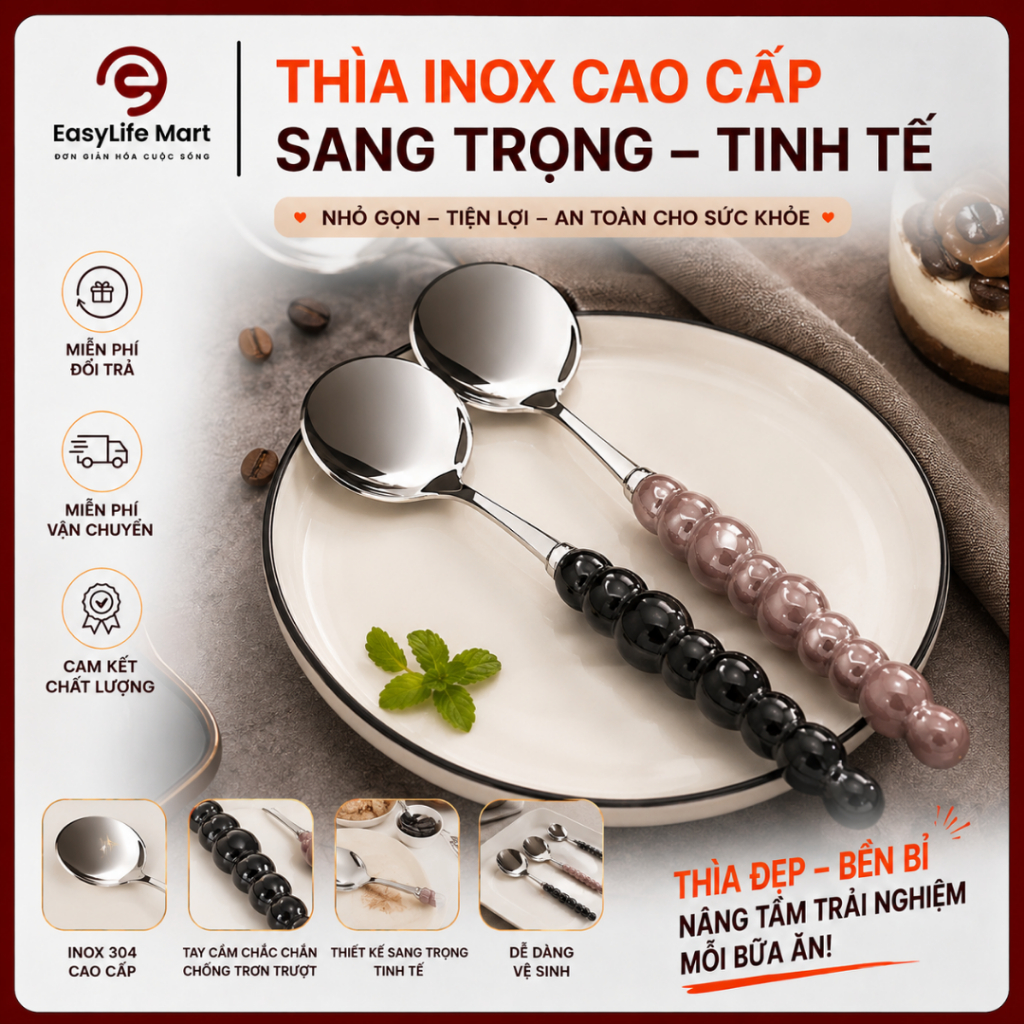 Thìa Ăn Cao Cấp Inox Thiết Kế Ngọc Trai Sang Trọng, Vệ Sinh Nhanh Gọn