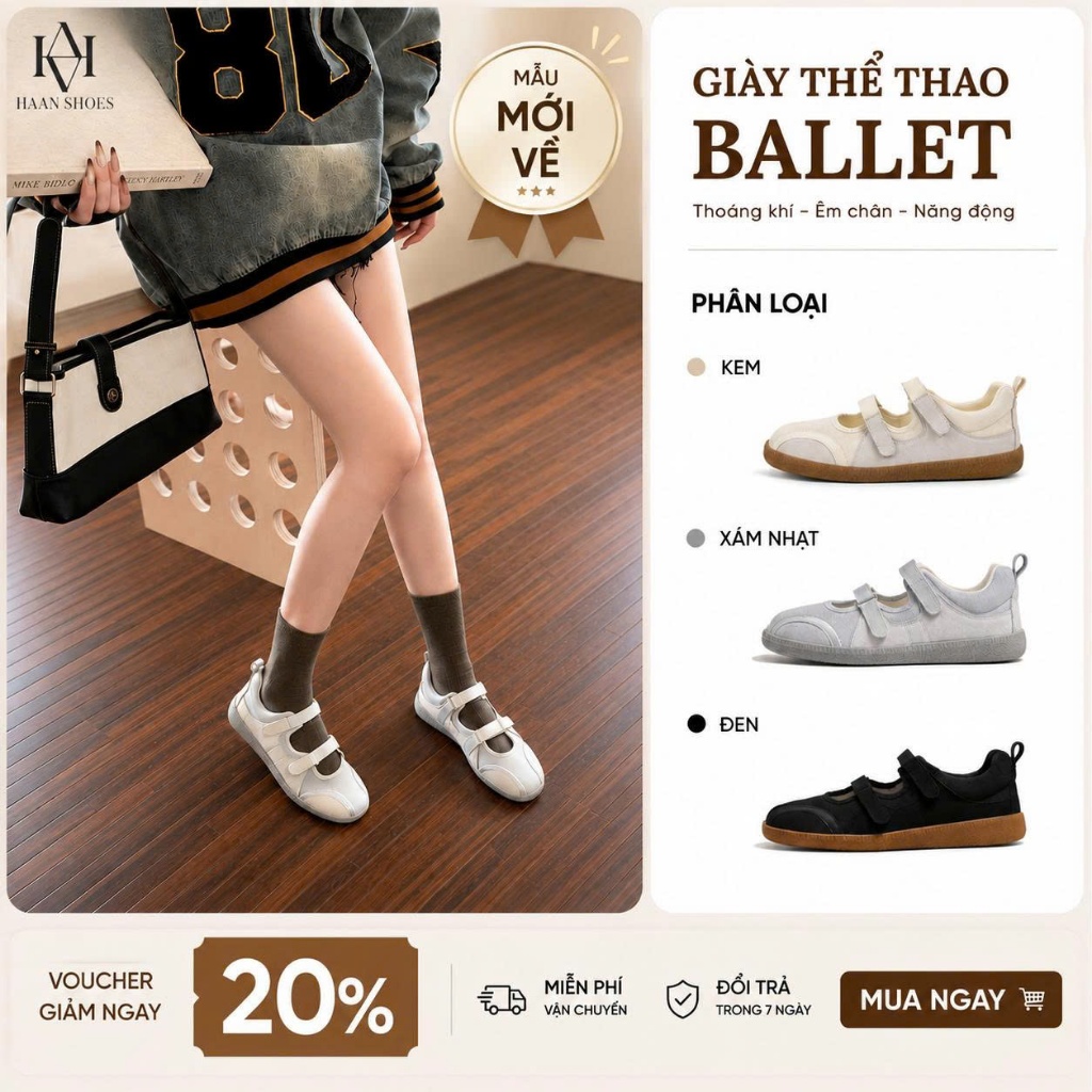 Giày Thể Thao Ballet Sneaker JULIA  HAANSHOES Quai Dán Dáng Mary Jane Tăng Chiều Cao Phong Cách Năng Động