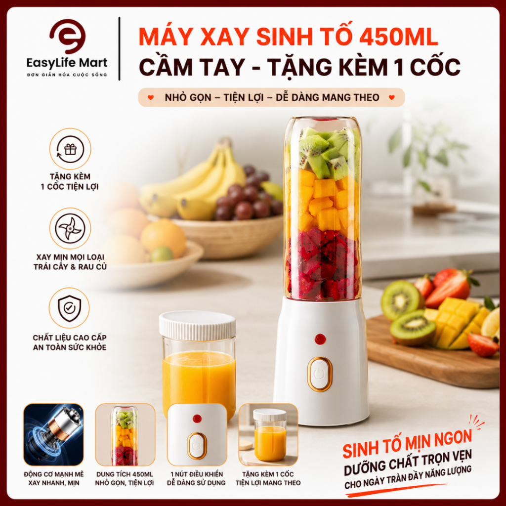 [Mới] Máy xay sinh tố mini cầm tay 450ML 10 lưỡi  xay trái cây, sinh tố, pin sạc USB tiện lợi