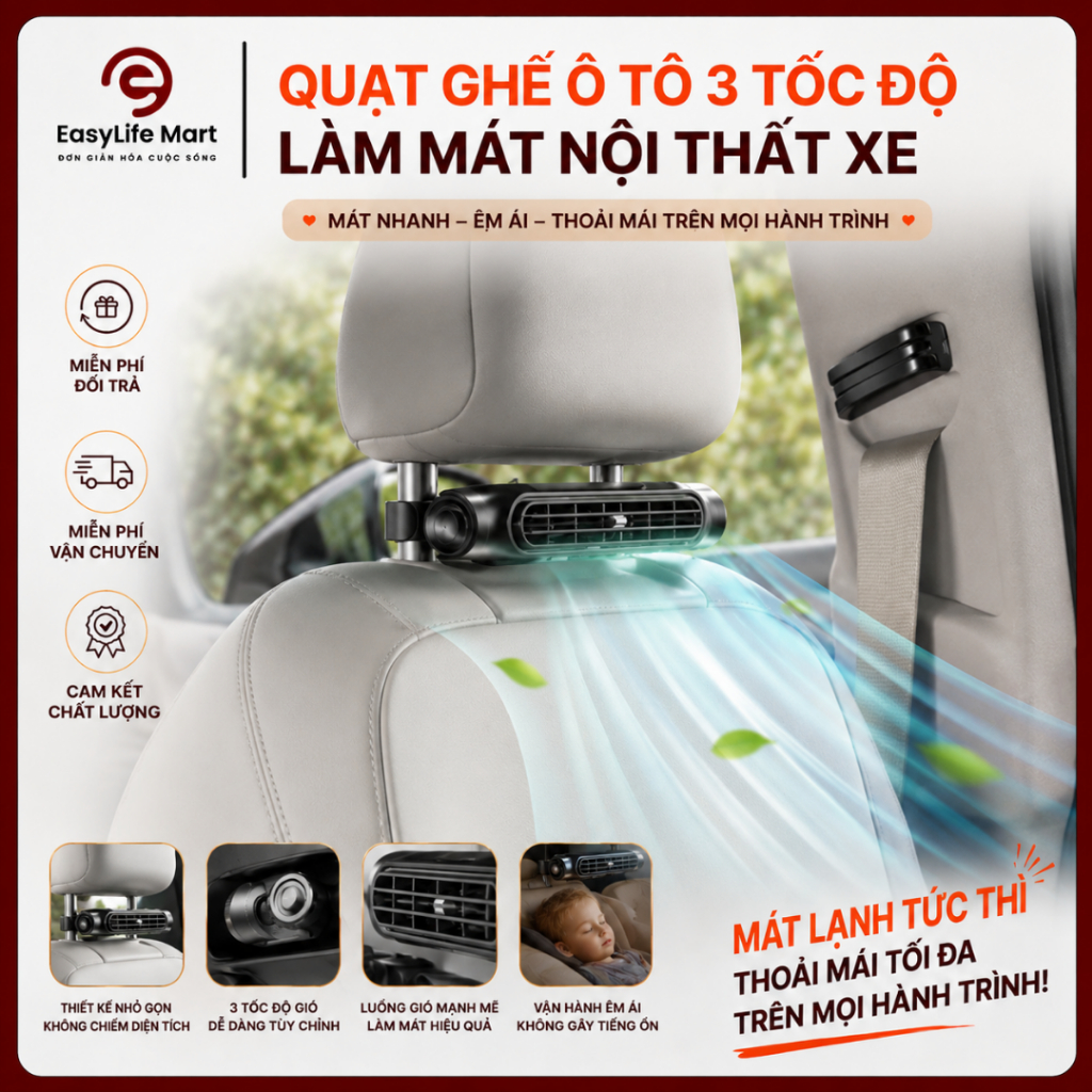 Quạt Ghế Sau Ô Tô Mini 3 Tốc Độ TypeC Quạt Tựa Lưng Làm Mát Xe Hơi, Gió Mạnh Êm, Dễ Lắp
