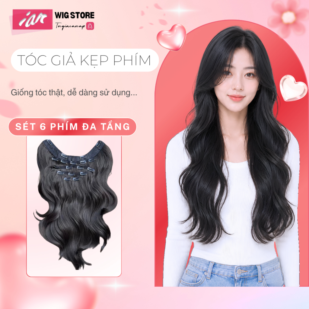 Tóc giả iAn,Tóc giả kẹp 6 Phím cao cấp, 6 phím thẳng, 6 phím cụp, 6 phím sóng trục
