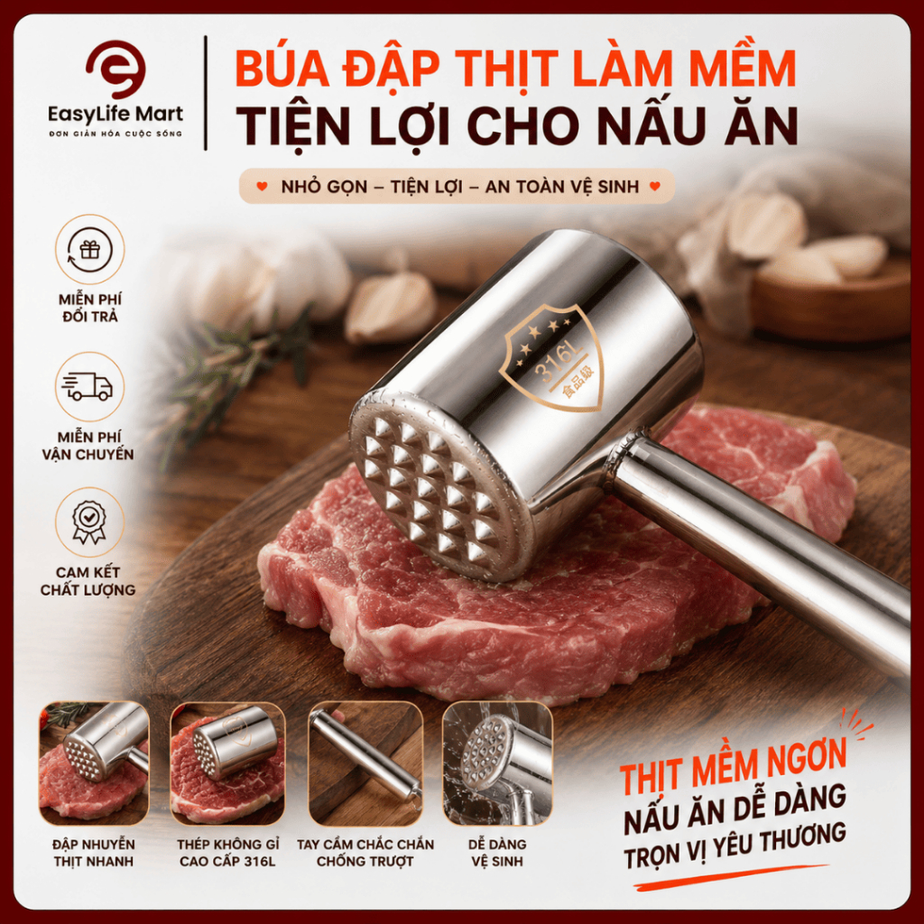 Búa Đập Thịt, Dầm Thịt Đa Năng 2 Đầu Inox 304, Làm Mềm Thịt & Dầm Hành Tỏi Tiện Lợi