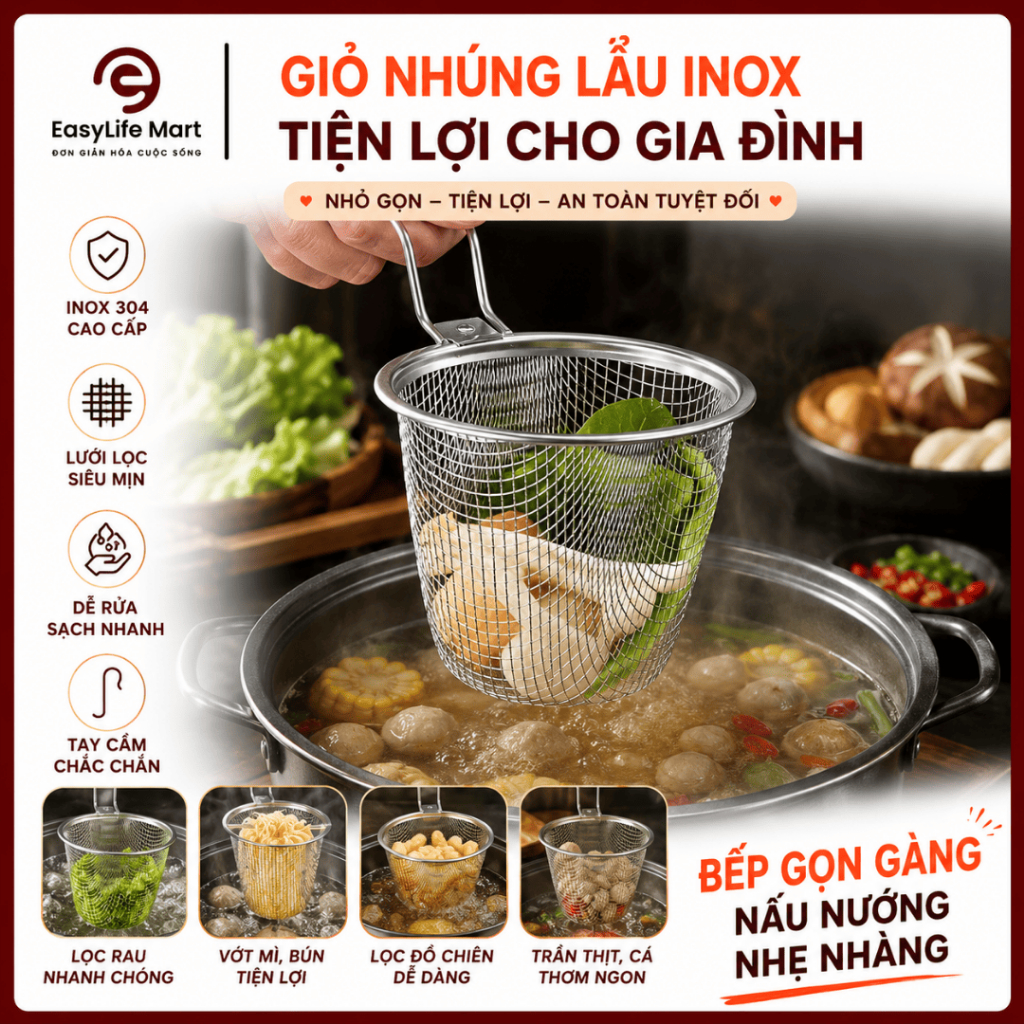 Rổ Nhúng Lẩu Inox Cao Cấp Có Móc Cài Tiện Lợi Nhúng Mì, Thịt, Hải Sản Nhanh Gọn, Dễ Dàng Vệ Sinh