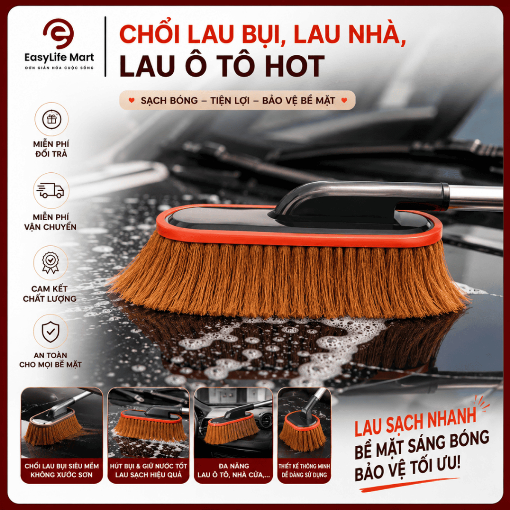 Chổi Lau Bụi Ô Tô Cao Cấp Sợi Siêu Mềm Không Xước Sơn, Dùng Lau Xe Lau Nhà Nhanh Sạch