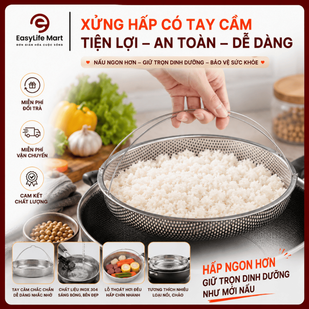 Khay Xửng Chõ Hấp Inox Có Chân Đế, Chiên, Đựng Thực Phẩm Khay Đa Năng Cho Nhà Bếp