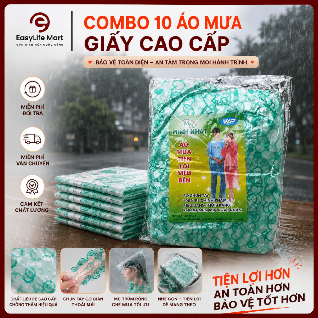 Combo 10 Áo Mưa Giấy Cao Cấp, Dày, Dai, Tái Sử Dụng, Đi Xe Máy Và Du Lịch Tiện Dụng