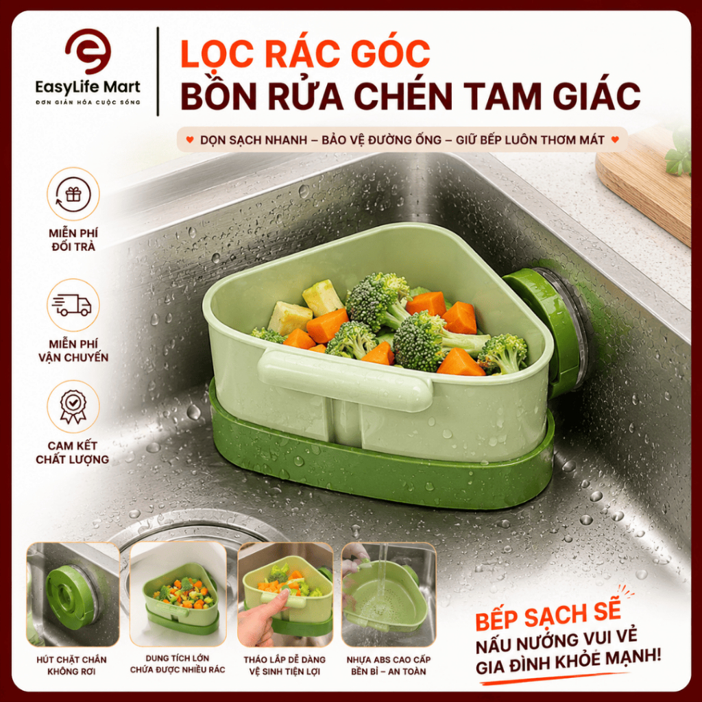 Giỏ Lọc Rác Góc Bồn Rửa Chén Bát Hình Tam Giác Hút Chân Không Tiên Ích