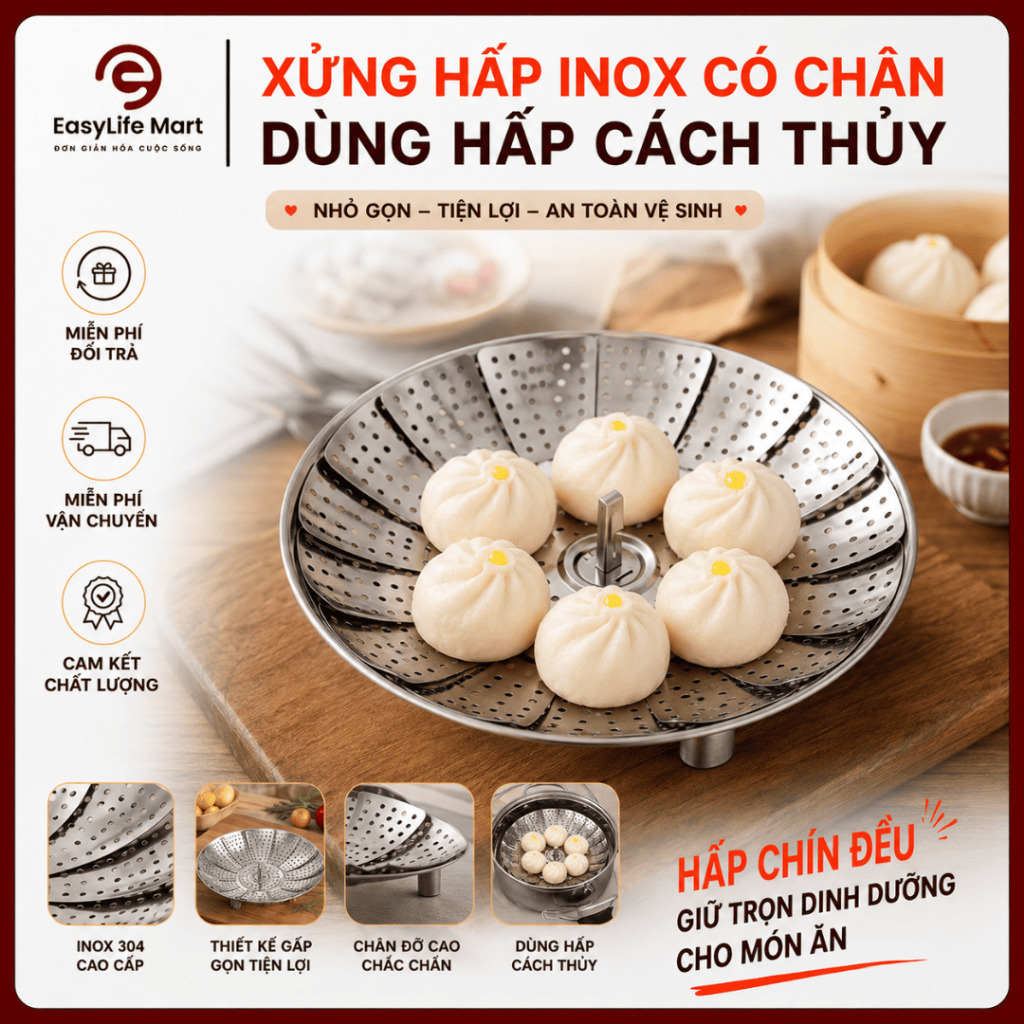 Xửng Hấp Inox Tiện Lợi Đáy Thoát Nước Tốt, Chân Cao, Hấp Đồ Ăn Dễ Dàng