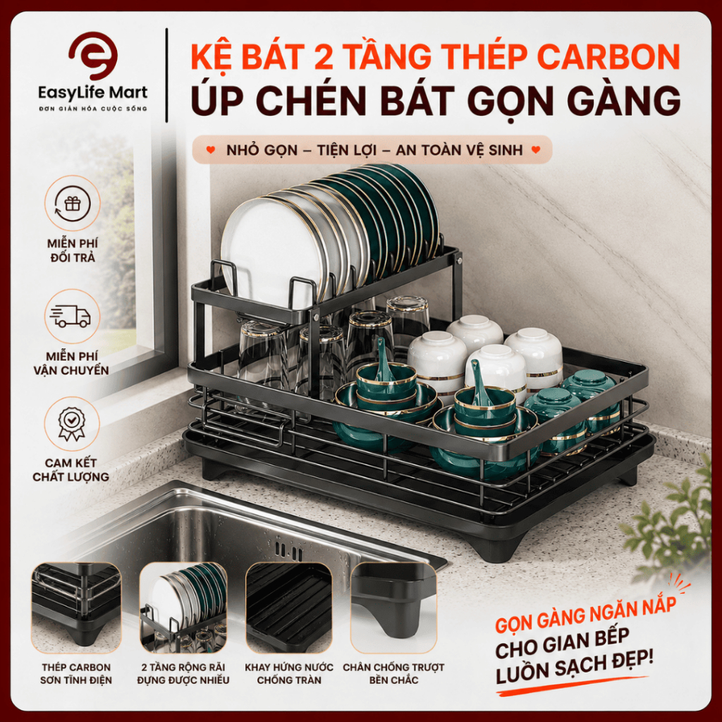 Kệ bát 2 tầng đa dụng cho bếp, thép carbon cứng cáp, úp chén bát tiện lợi tích hợp khay hứng nước