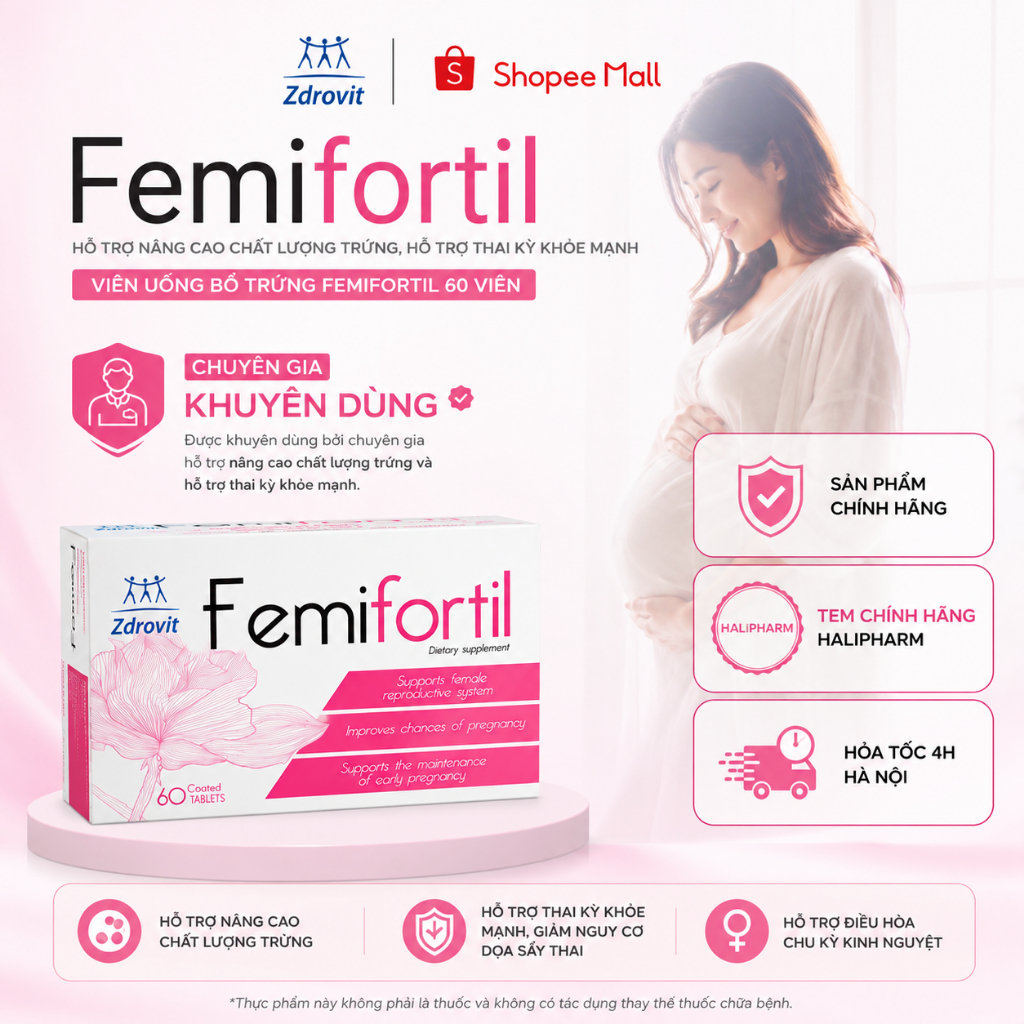 [Tem Haliphar] Viên Uống FEMIFORTIL Bổ Trứng chứa Axit Folic, Vitamin Chuẩn Bị & Tăng Khả Năng Mang Thai 60V