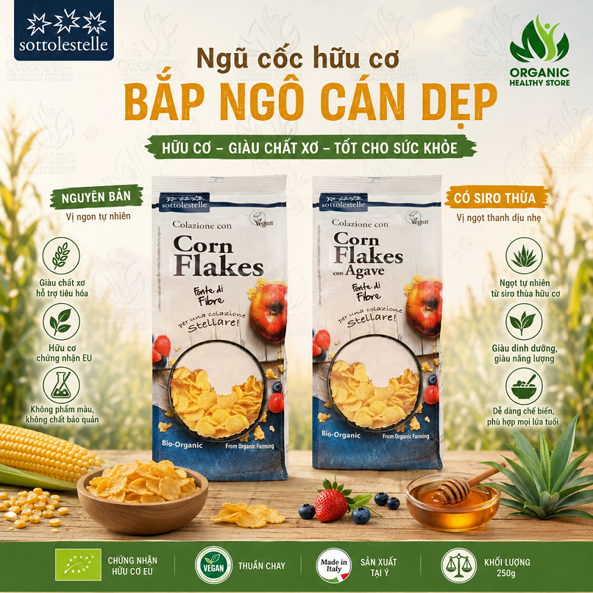 Ngũ cốc hữu cơ bắp ngô cán dẹp Sottolestelle 250g Corn Flakes